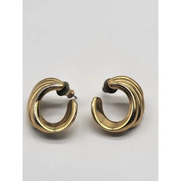 Monet Vintage Gold Tone Pierced Earrings Swirl C Half Hoop Classic - Picture 1 of 7